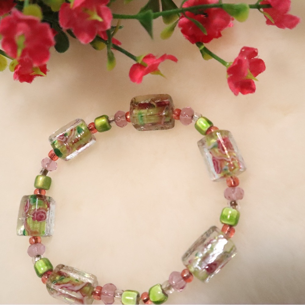 Murano Green and Pink Beaded Bracelet